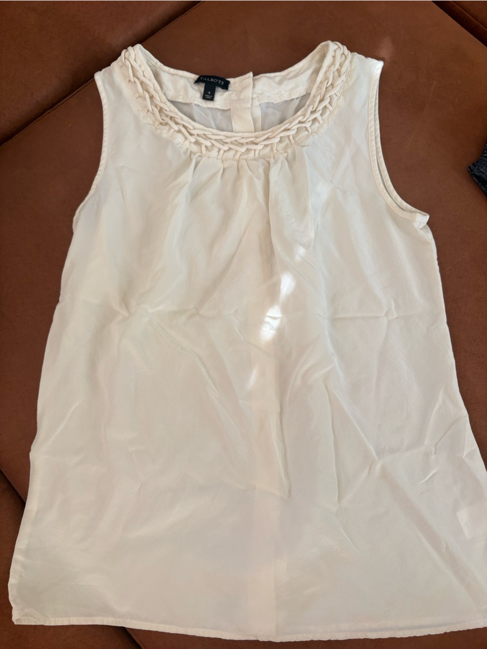 Talbots 100% Silk Ivory Sleeveless Blouse Braided Neckline Size 4